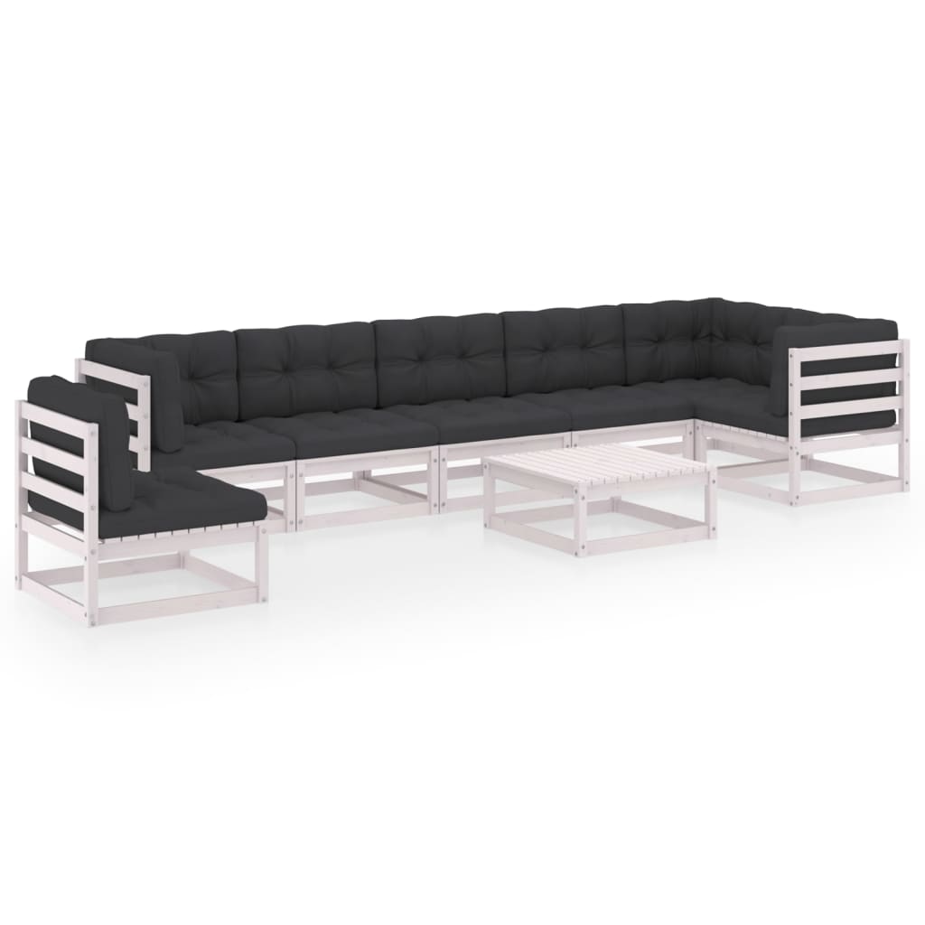 Set mobilier de terasa 8 piese canapea pe colt cu perne, cu fotoliu si masuta, vidaXL, Lemn masiv de pin-Poliester, Alb si perne antracit