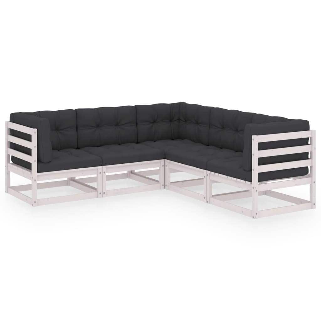 Set mobilier de terasa 5 piese canapea de colt cu perne, vidaXL, Lemn masiv de pin si Poliester, Alb cu perne antracit