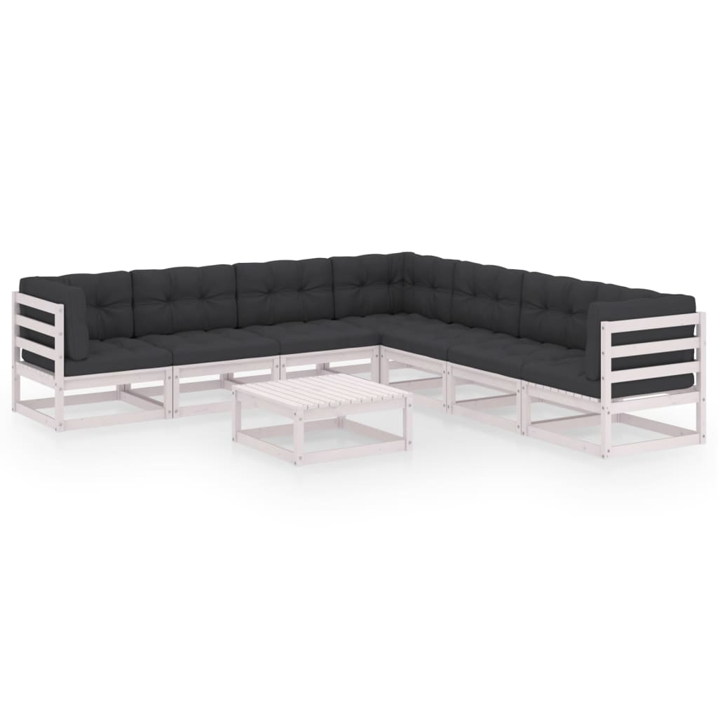 Set mobilier de terasa 8 piese canapea de colt cu perne si masuta, vidaXL, Lemn masiv de pin si poliester, Alb cu perne antracit