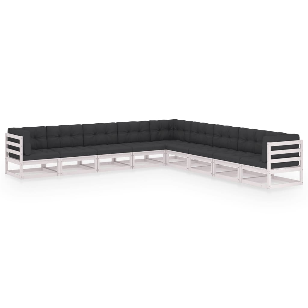 Set mobilier de terasa 9 piese canapea de colt cu perne, vidaXL, Lemn masiv de pin si poliester, Alb cu perne antracit