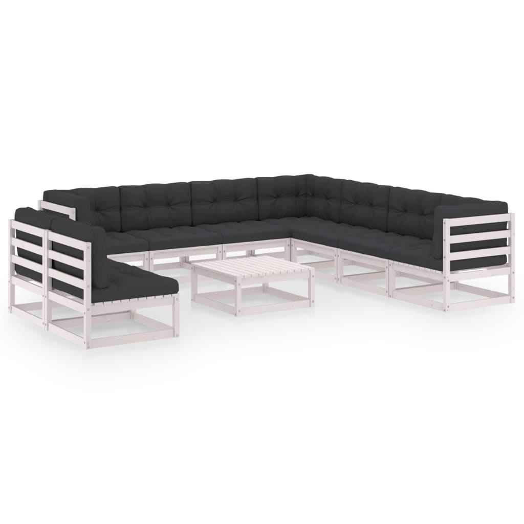 Set mobilier de terasa 10 piese canapele de colt cu perne si masuta, vidaXL, Lemn masiv de pin si poliester, Alb cu perne antracit