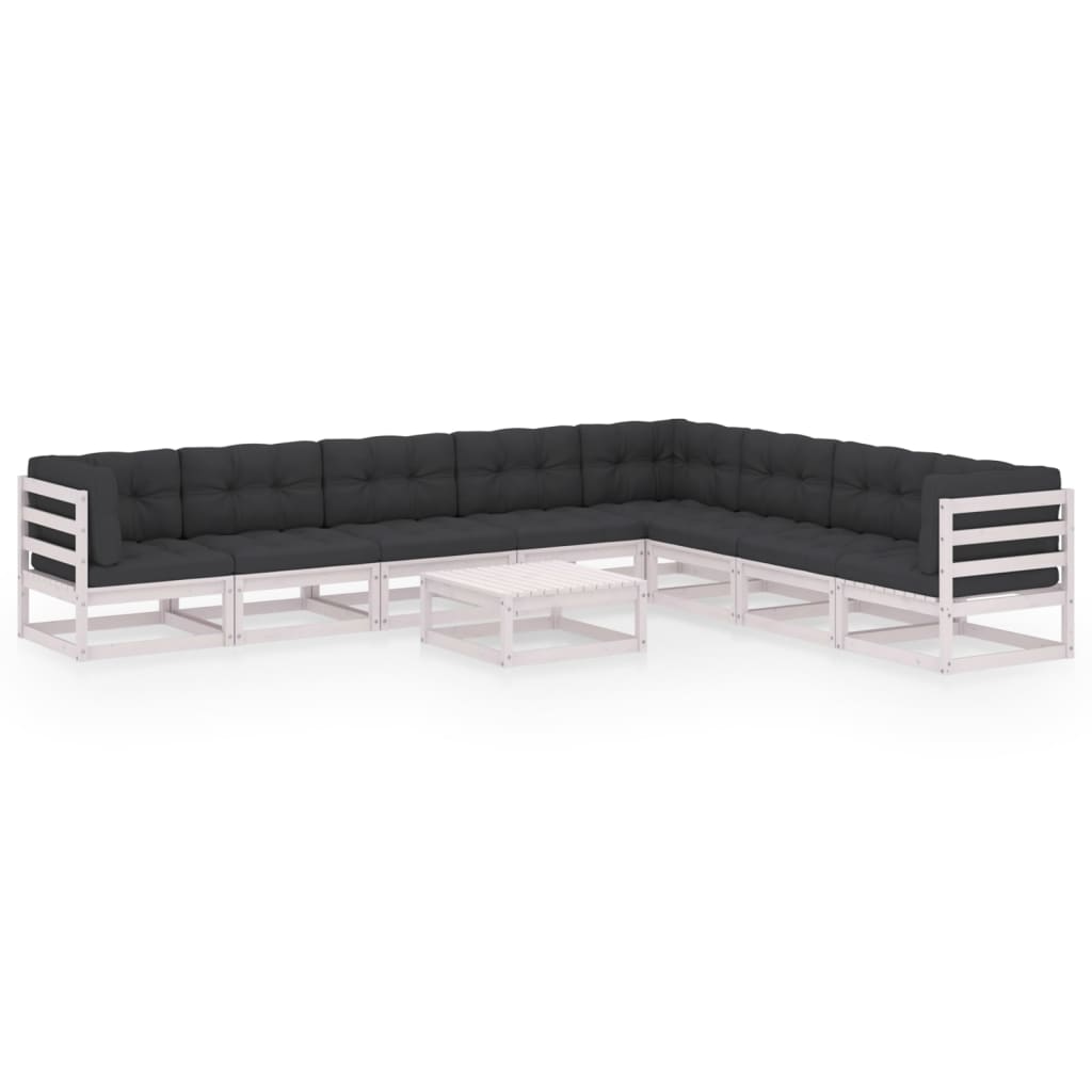 Set mobilier de terasa 9 piese canapea de colt cu perne si masuta, vidaXL, Lemn masiv de pin si poliester, Alb cu perne antracit