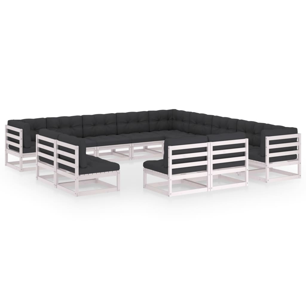 Set mobilier de terasa 13 piese 3 canapele cu perne, vidaXL, Lemn masiv de pin si poliester, Alb cu perne antracit
