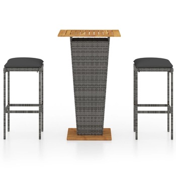 Set bar de gradina 3 piese, vidaXL, Ratan-Otel-Lemn, 60 x 60 x 110 cm, Gri cu perne antracit Set bar de gradina 3 piese, vidaXL, Ratan-Otel-Lemn, 60 x 60 x 110 cm, Gri cu perne antracit