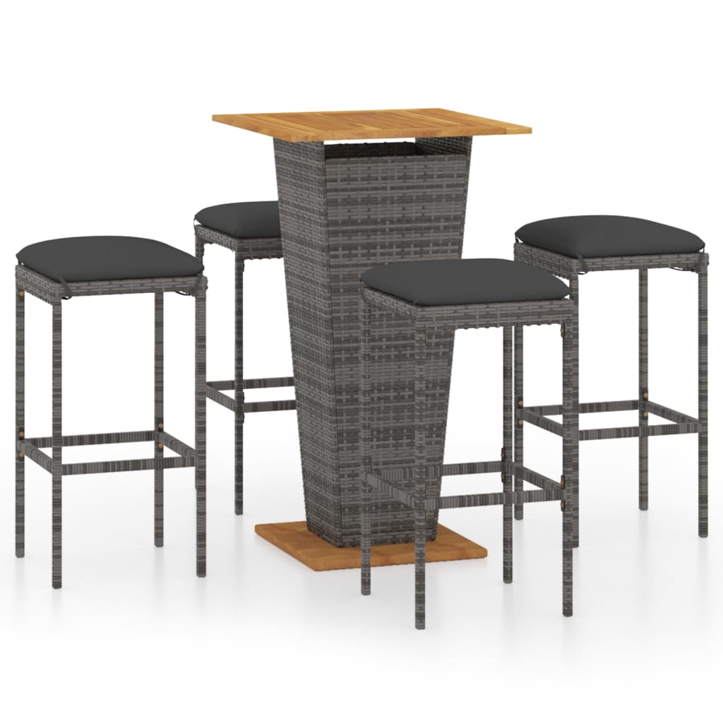 Set bar de gradina 5 piese, vidaXL, Ratan-Otel-Lemn, 60 x 60 x 110 cm, Gri cu perne antracit