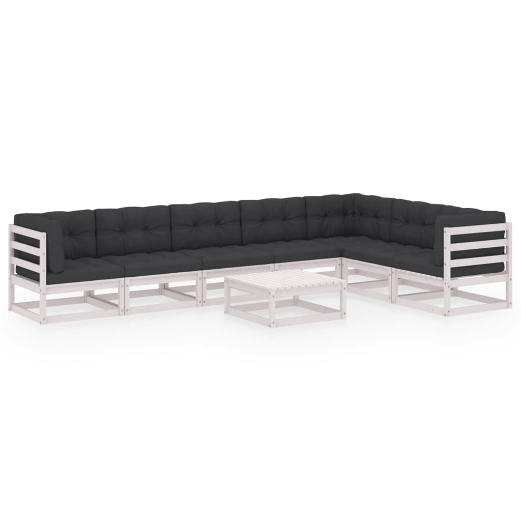 Set mobilier de terasa 8 piese canapea de colt cu perne sezut si spatar si masuta, vidaXL, Lemn masiv de pin si Poliester, Alb cu perne antracit