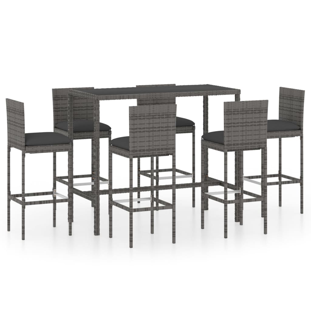 Set mobilier de bar de gradina 7 piese masa cu scaune cu spatar, vidaXL, Ratan-Otel, 130 x 70 x 110 cm, Gri perne antracit