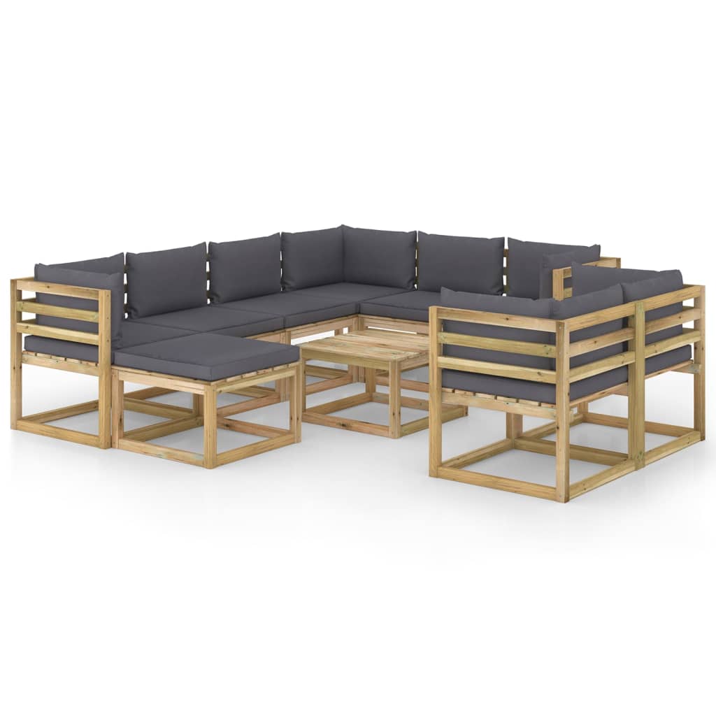 Set mobilier de gradina canapele cu masuta cafea si perne 10 piese, vidaXL, Lemn de pin tratat, Maro, Perne antracit