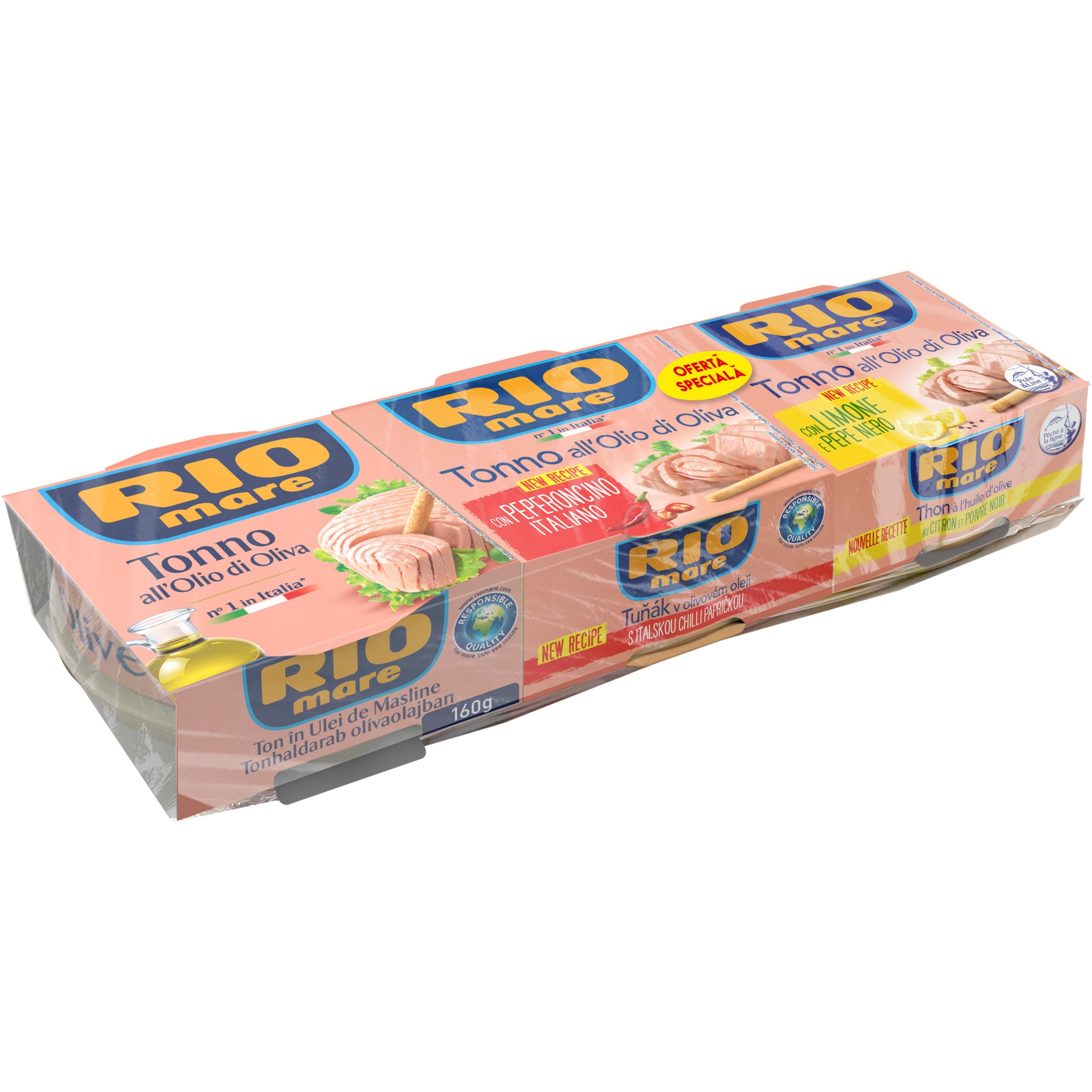 Pachet Rio Mare: Ton in ulei de masline, 160g + Ton picant, 130g + Ton cu lamaie si piper, 130g