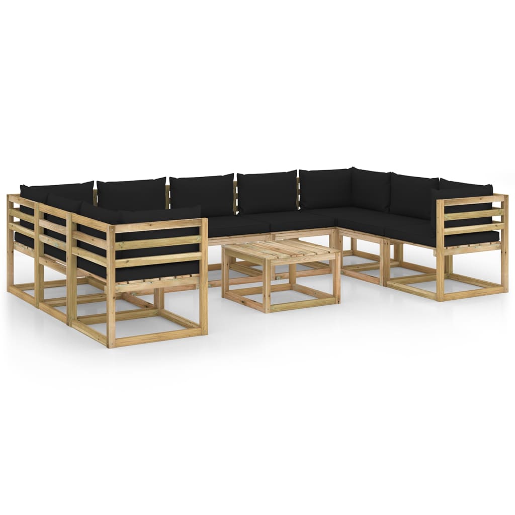 Set mobilier de gradina canapea U cu masuta si perne 10 piese, vidaXL, Lemn de pin tratat, Maro, Perne negru