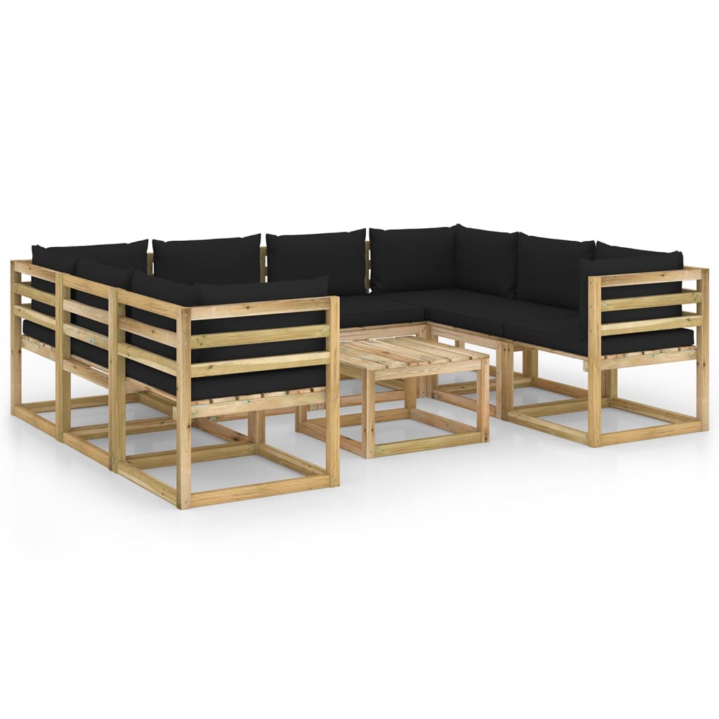 Set mobilier de gradina canapea U cu masuta si perne 9 piese, vidaXL, Lemn de pin tratat, Maro, Perne negru
