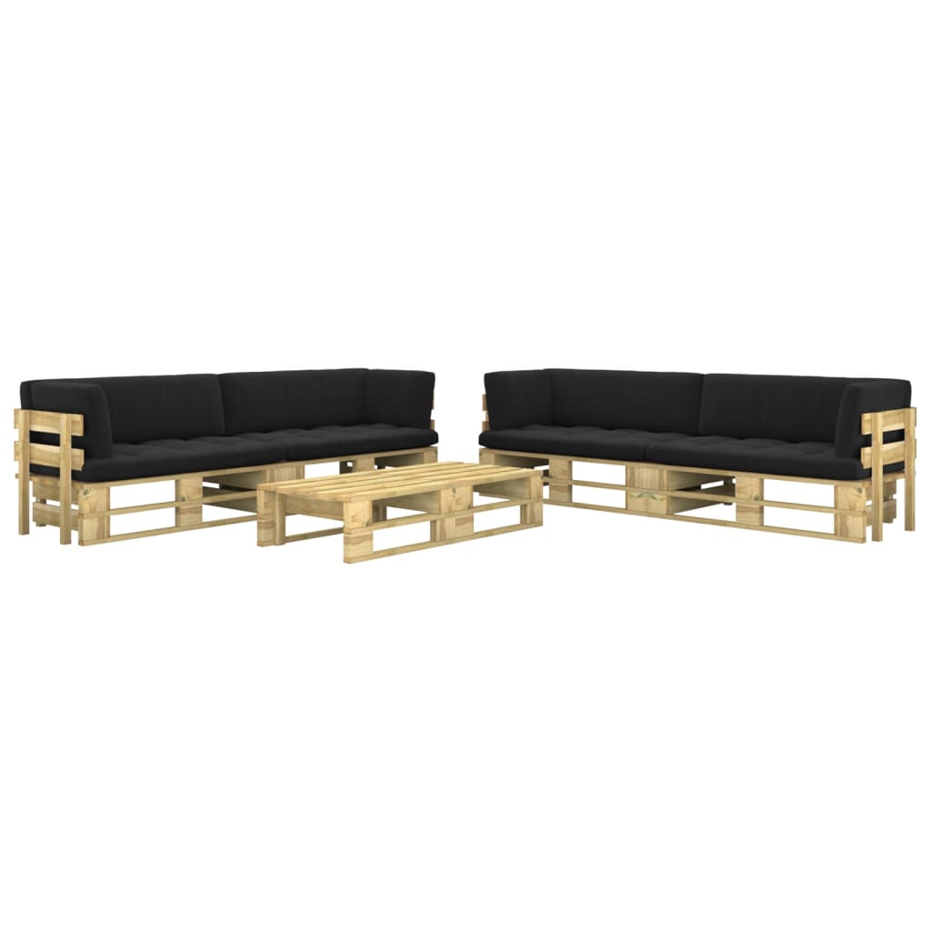Set mobilier de gradina 6 piese canapele din paleti cu perne, vidaXL, Lemn pin verde tratat, Maro - perne negru