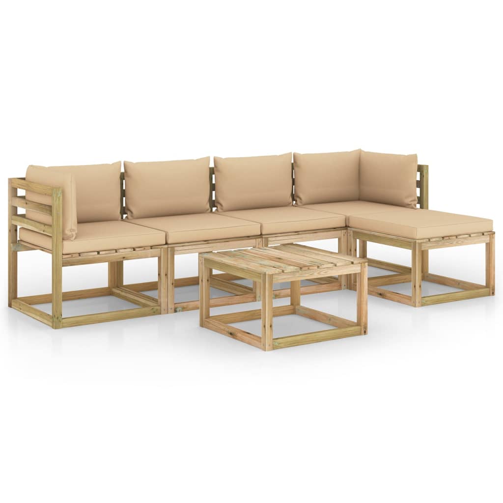 Set mobilier de gradina canapea cu masuta si perne 6 piese, vidaXL, Lemn de pin tratat, Maro, Perne bej