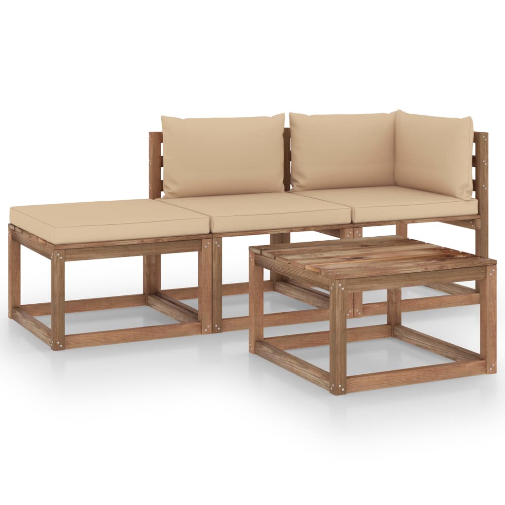 Set mobilier de gradina 4 piese canapea cu taburet, masuta si perne, vidaXL, Lemn de pin tratat, Maro inchis cu perne bej