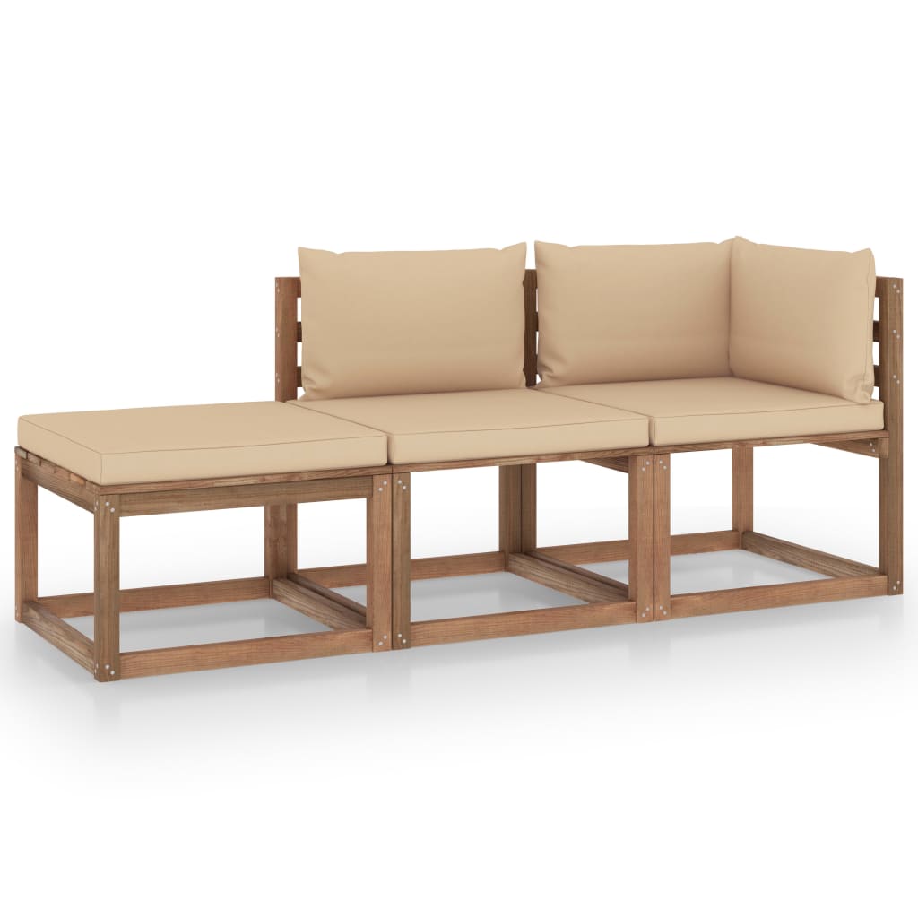 Set mobilier de gradina 3 piese canapea si perne, vidaXL, Lemn de pin tratat, Maro inchis cu perne bej