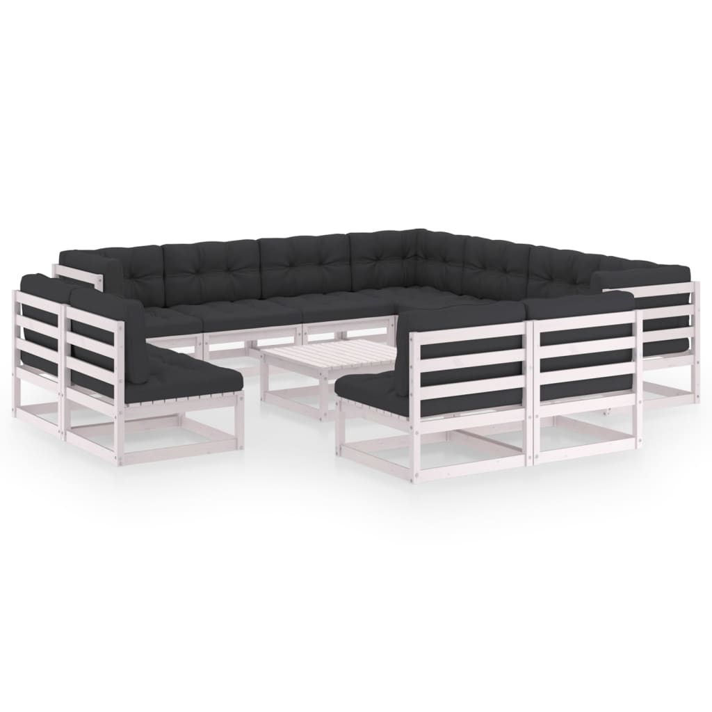 Set mobilier de terasa 12 piese 4 canapele cu perne si masuta, vidaXL, Lemn masiv de pin si poliester, Alb cu perne antrcit