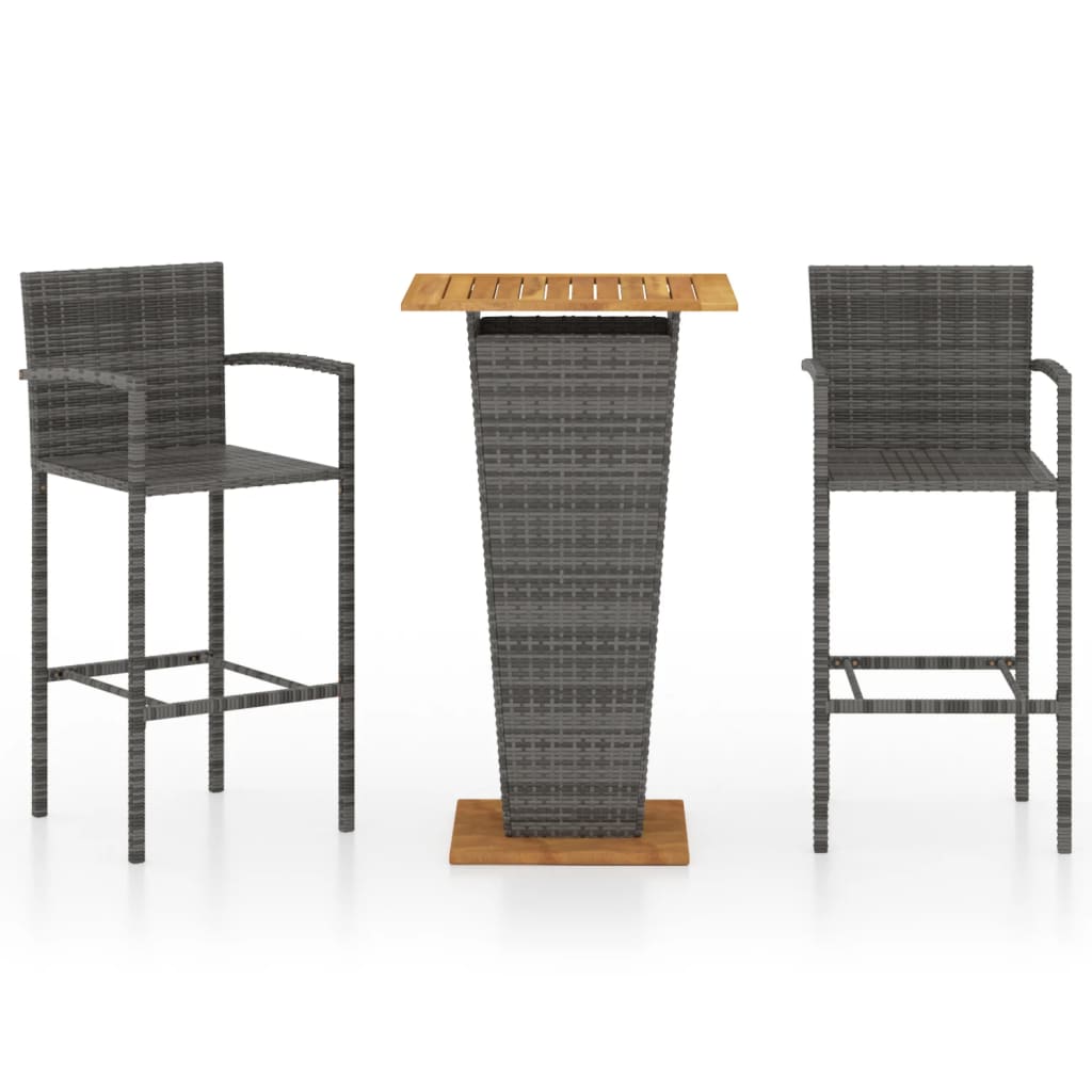Set bar de gradina 3 piese masa cu scaune fotoliu, vidaXL, Ratan-Otel-Lemn, 60 x 60 x 110 cm, Gri