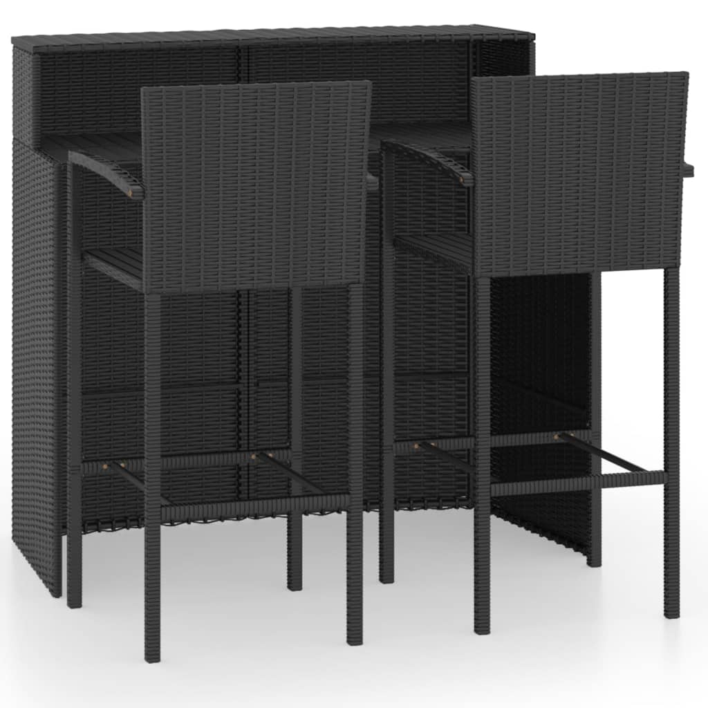 Set bar de gradina 3 piese masa cu 2 scaune cu spatar, vidaXL, Ratan-Otel-Poliester, 120 x 55 x 110 cm, Negru
