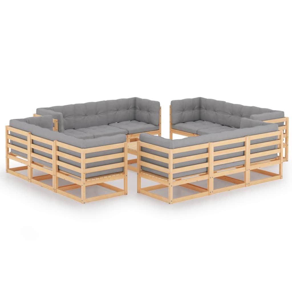 Set mobilier de terasa 13 piese - canapele cu perna sezut si spatar si masuta cafea, vidaXL, Lemn masiv de pin, Maro miere/Perne gri