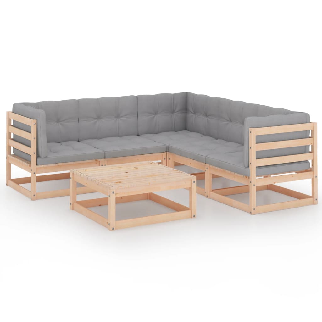 Set mobilier de terasa cu perne 6 piese canapea L cu masuta, vidaXL, Lemn masiv de pin-Poliester, Maro miere/Perne gri