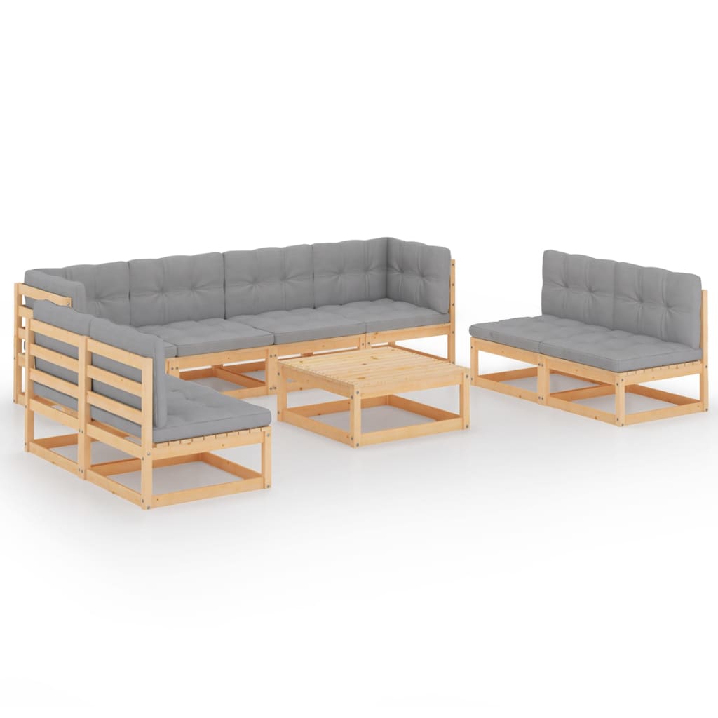 Set mobilier de terasa 9 piese 3 canapele si masuta cafea, vidaXL, Lemn masiv de pin, Maro/Perne gri