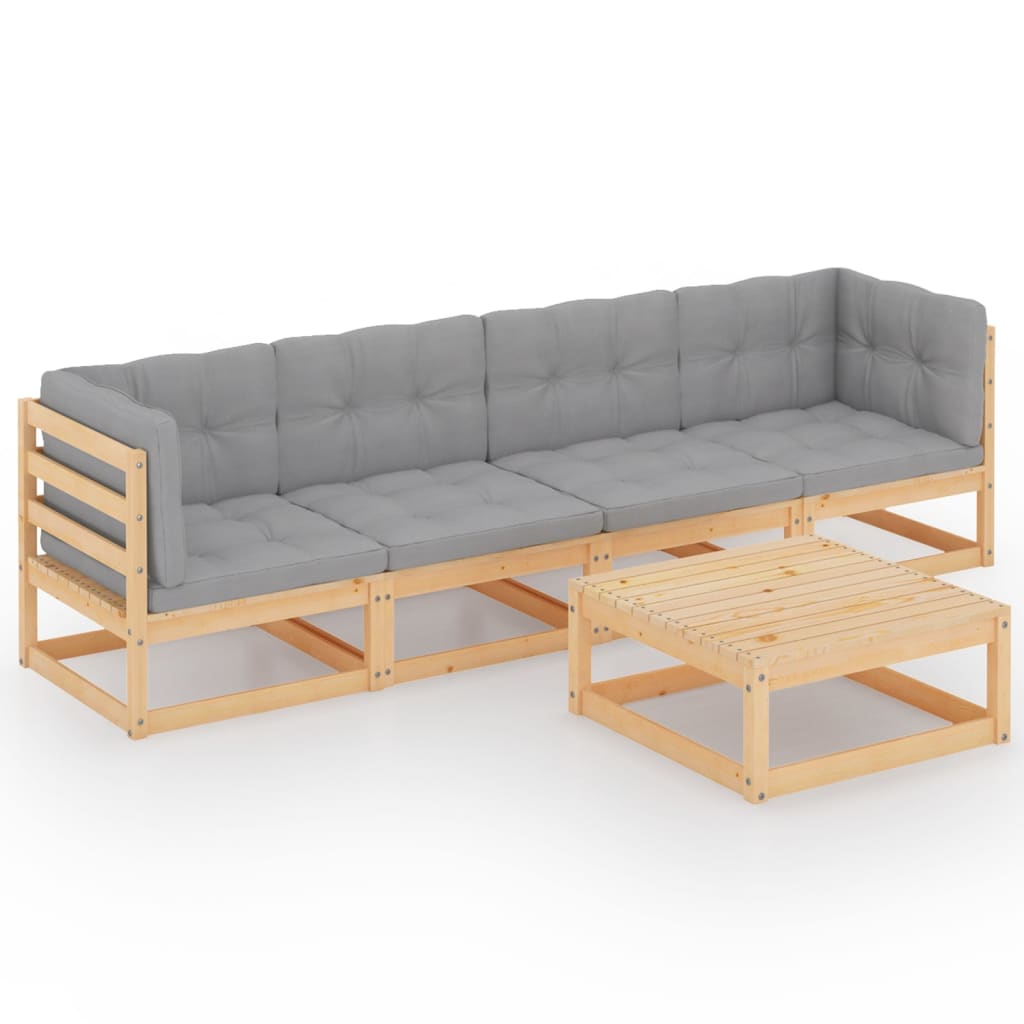 Set mobilier de terasa 5 piese canapea cu perne sezut spatar si masuta cafea, vidaXL, Lemn de pin, Maro/Perne gri