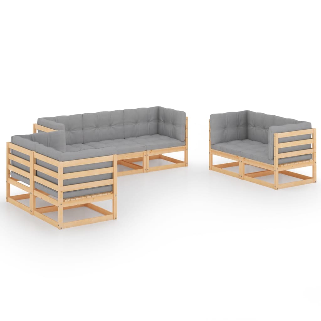 Set mobilier de terasa 7 piese set 3 canapele, vidaXL, Lemn masiv pin-Poliester, Maro/Perne gri