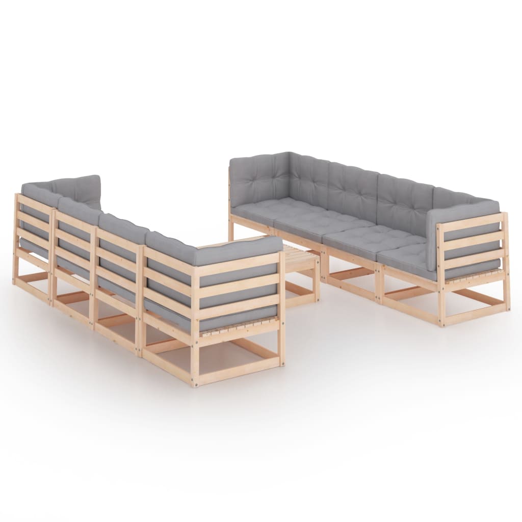 Set mobilier de terasa 9 piese canapele cu perne sezut spatar si masuta cafea, vidaXL, Lemn de pin, Maro/Perne gri