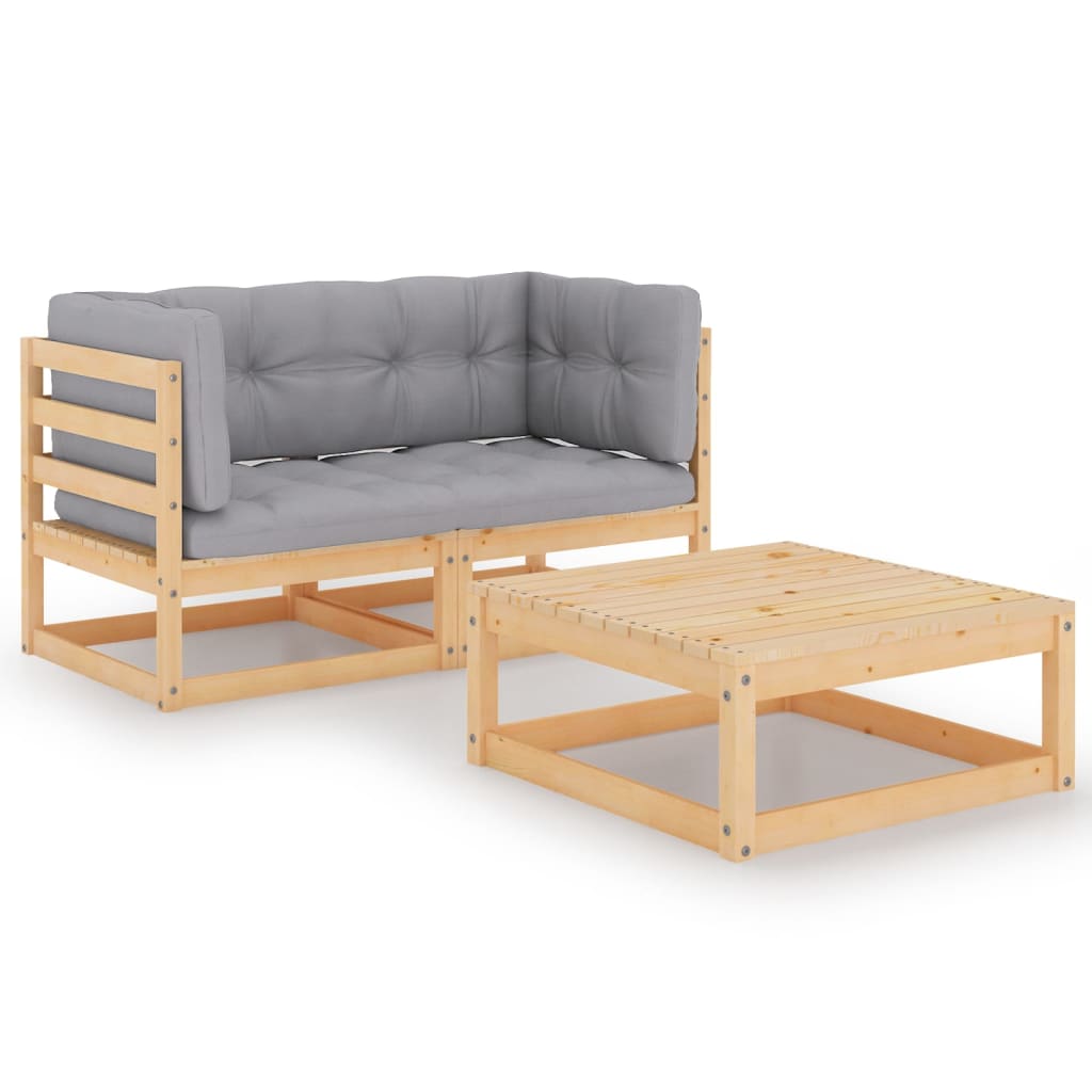 Set mobilier de terasa 3 piese canapea cu perne si masuta, vidaXL, Lemn masiv de pin, Maro-perne gri
