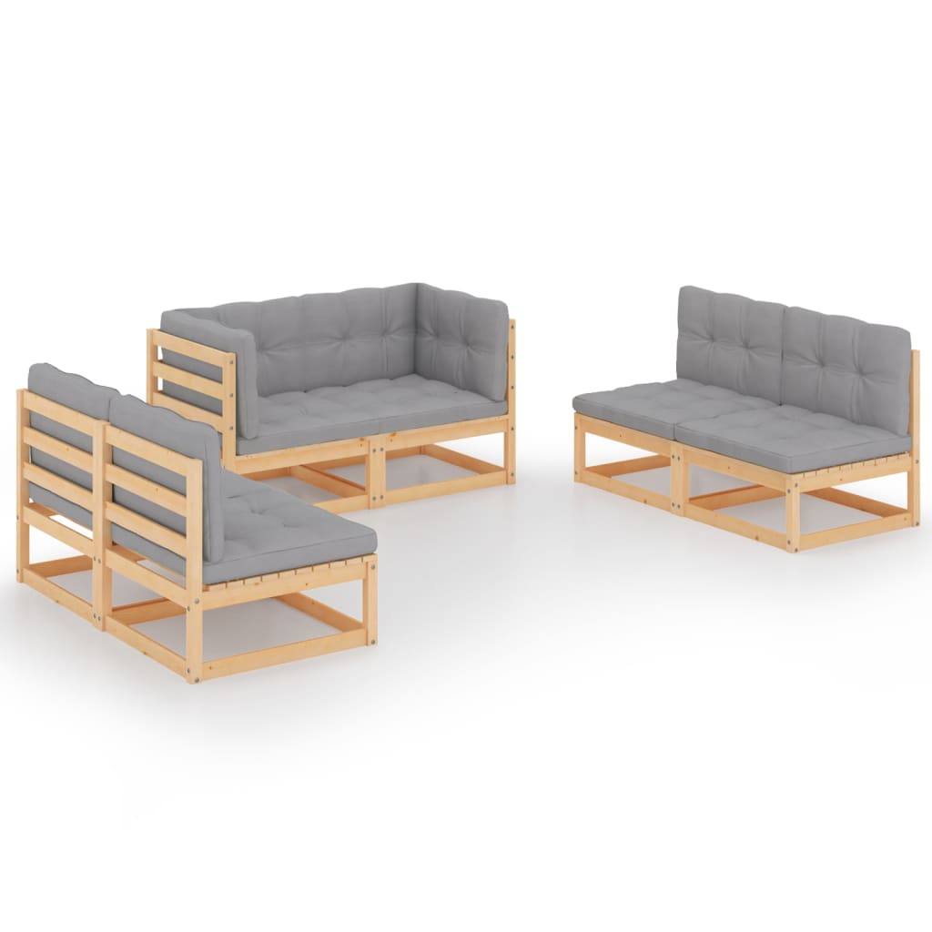 Set mobilier de terasa 6 piese 3 canapele, vidaXL, Lemn masiv de pin, Maro miere si perne gri