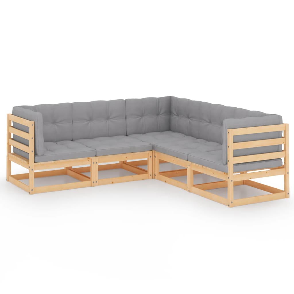 Set mobilier de terasa cu perne 5 piese canapea L, vidaXL, Lemn masiv de pin-Poliester, Maro miere/Perne gri