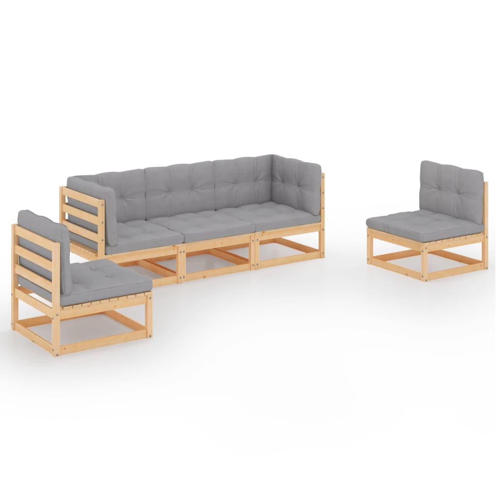 Set mobilier de terasa 5 piese canapea cu fotolii, vidaXL, Lemn masiv de pin, Maro miere si perne gri
