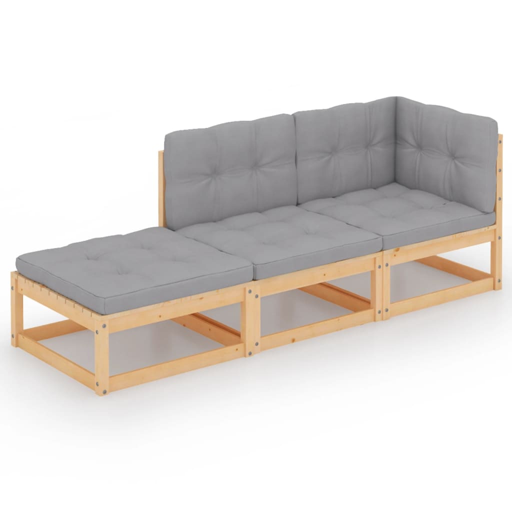 Set mobilier de terasa cu perne 3 piese, vidaXL, Lemn masiv de pin-Poliester, Maro miere/Perne gri
