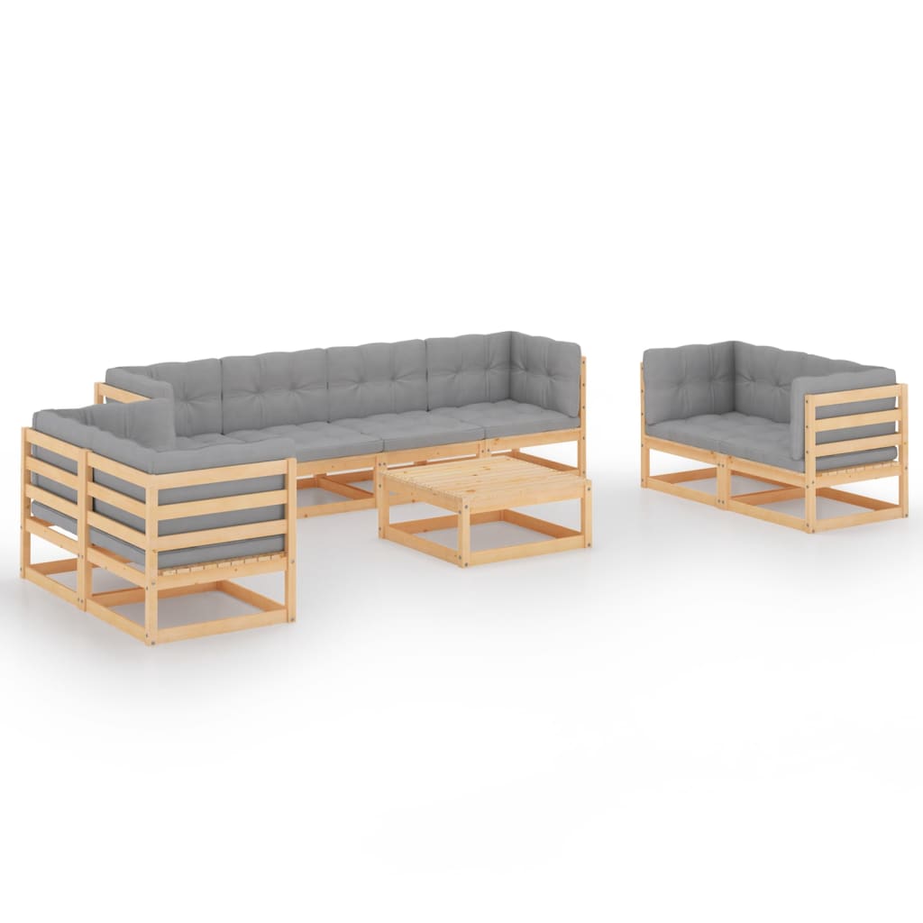 Set mobilier de terasa 9 piese set de 3 canapele cu masuta cafea, vidaXL, Lemn masiv pin-Poliester, Maro/Perne gri
