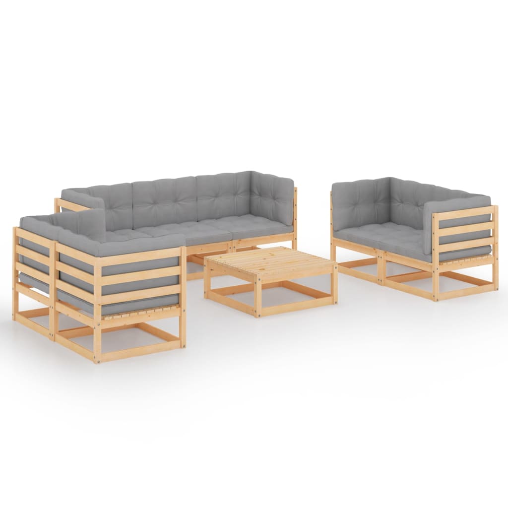 Set mobilier de terasa 8 piese set 3 canapele cu masuta cafea, vidaXL, Lemn masiv pin-Poliester, Maro/Perne gri