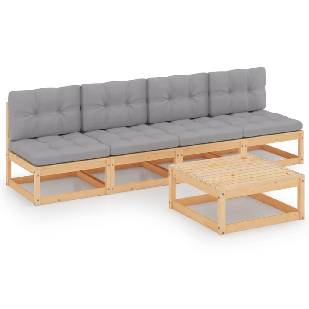 Set mobilier de terasa 5 piese canapea cu perne sezut spatar si masuta cafea, vidaXL, Lemn de pin, Maro miere/Perne gri