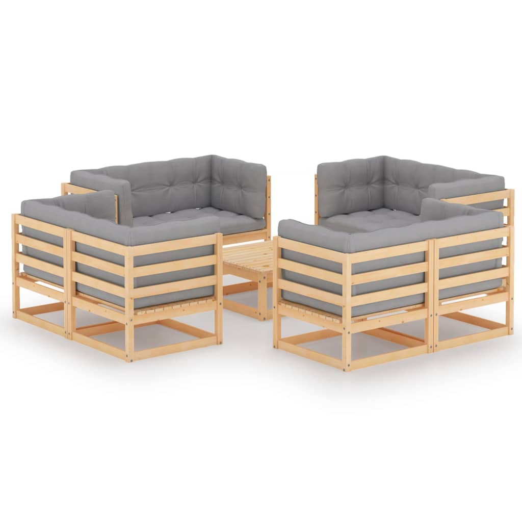 Set mobilier de terasa 9 piese - canapele cu perna sezut si spatar si masuta cafea, vidaXL, Lemn masiv de pin, Maro miere/Perne gri