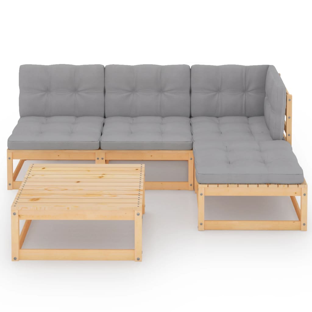 Set mobilier de terasa cu perne 4 piese canapea si masuta cafea, vidaXL, Lemn masiv de pin-Poliester, Maro miere/Perne gri