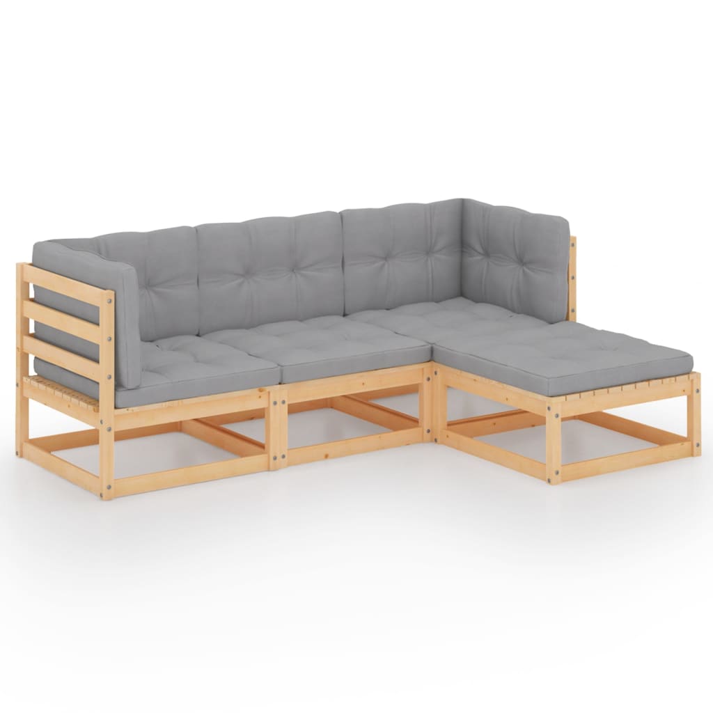 Set mobilier de terasa 4 piese canapea L cu perne, vidaXL, Lemn pin-Poliester, Maro miere si perne gri