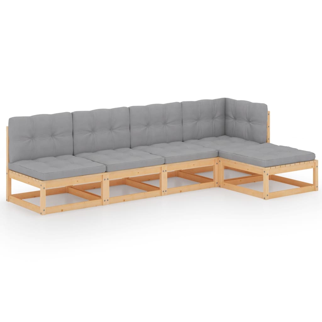 Set mobilier de terasa 5 piese canapea L cu perne, vidaXL, Lemn pin-Poliester, Maro miere si perne gri