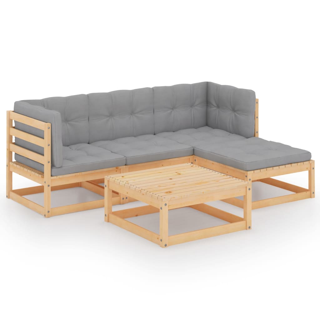 Set mobilier de terasa 5 piese canapea L cu perne si masuta cafea, vidaXL, Lemn pin-Poliester, Maro miere si perne gri
