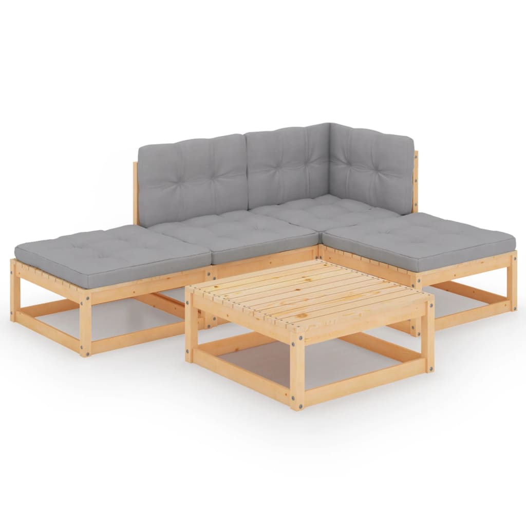 Set mobilier de terasa 5 piese canapea L cu perne sezut si spatar si masuta cafea, vidaXL, Lemn masiv de pin, Maro-Perne gri