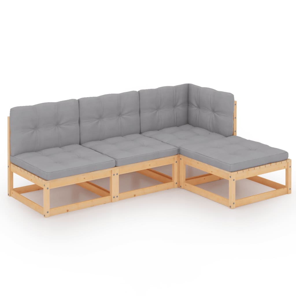 Set mobilier de terasa cu perne 4 piese, vidaXL, Lemn masiv de pin-Poliester, Maro miere/Perne gri
