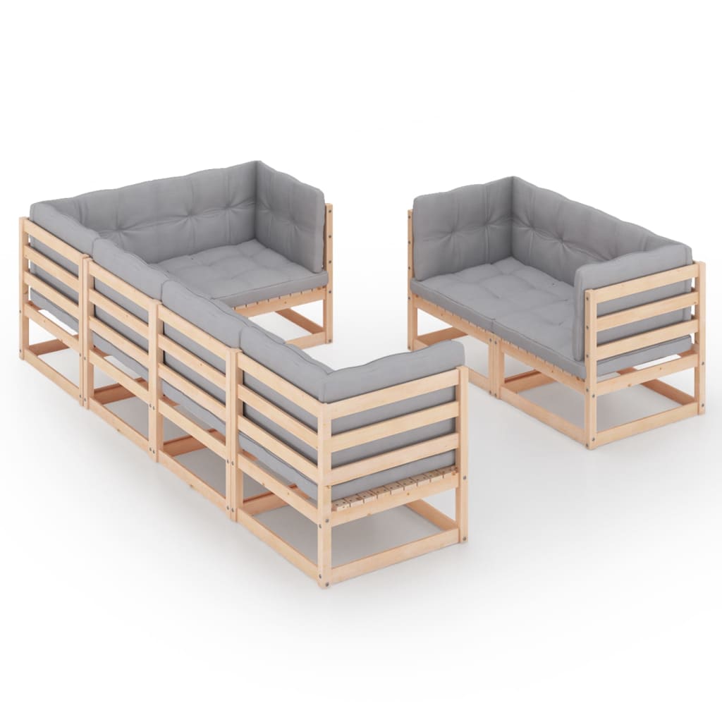 Set mobilier de terasa 7 piese canapele cu perne, vidaXL, Lemn masiv de pin-Poliester, Maro si perne gri
