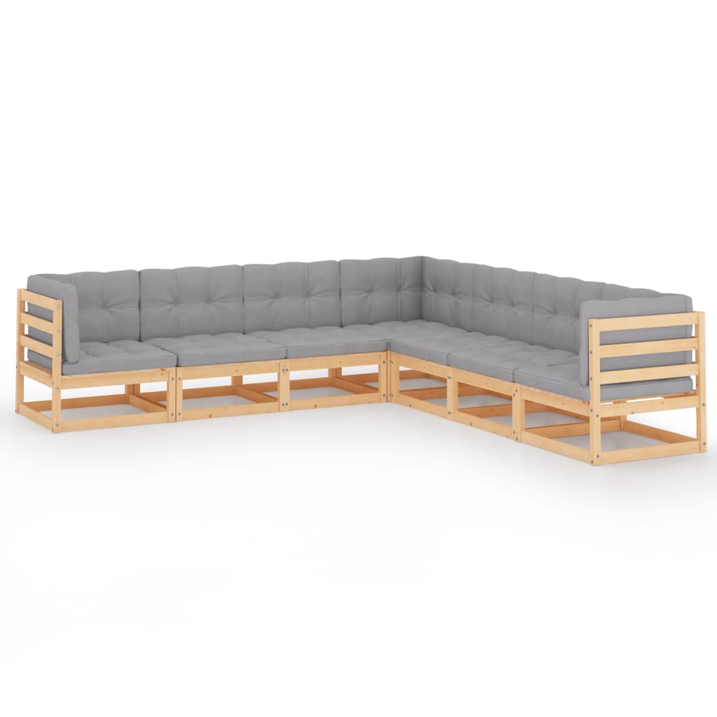 Set mobilier de terasa cu perne 7 piese canapea L cu fotoliu, vidaXL, Lemn masiv de pin-Poliester, Maro miere/Perne gri