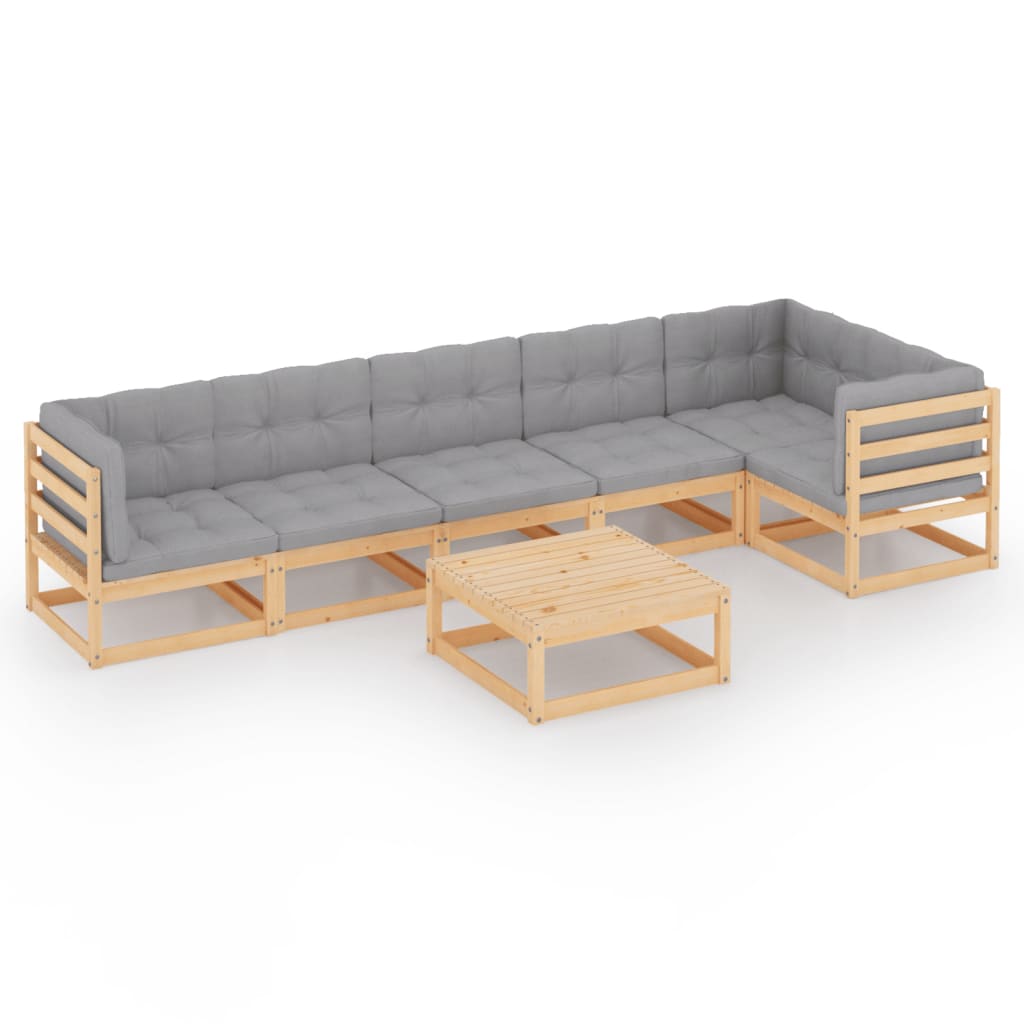 Set mobilier de terasa 7 piese canapea pe colt cu fotoliu si masuta, vidaXL, Lemn masiv de pin-Poliester, Maro si perne gri