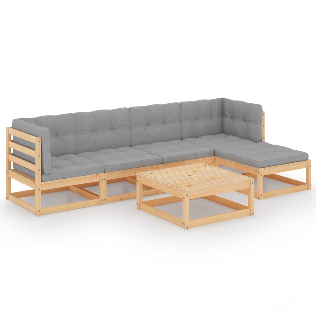 Set mobilier de terasa 6 piese canapea L cu perne si masuta, vidaXL, Lemn masiv de pin-Poliester, Maro miere si perne gri