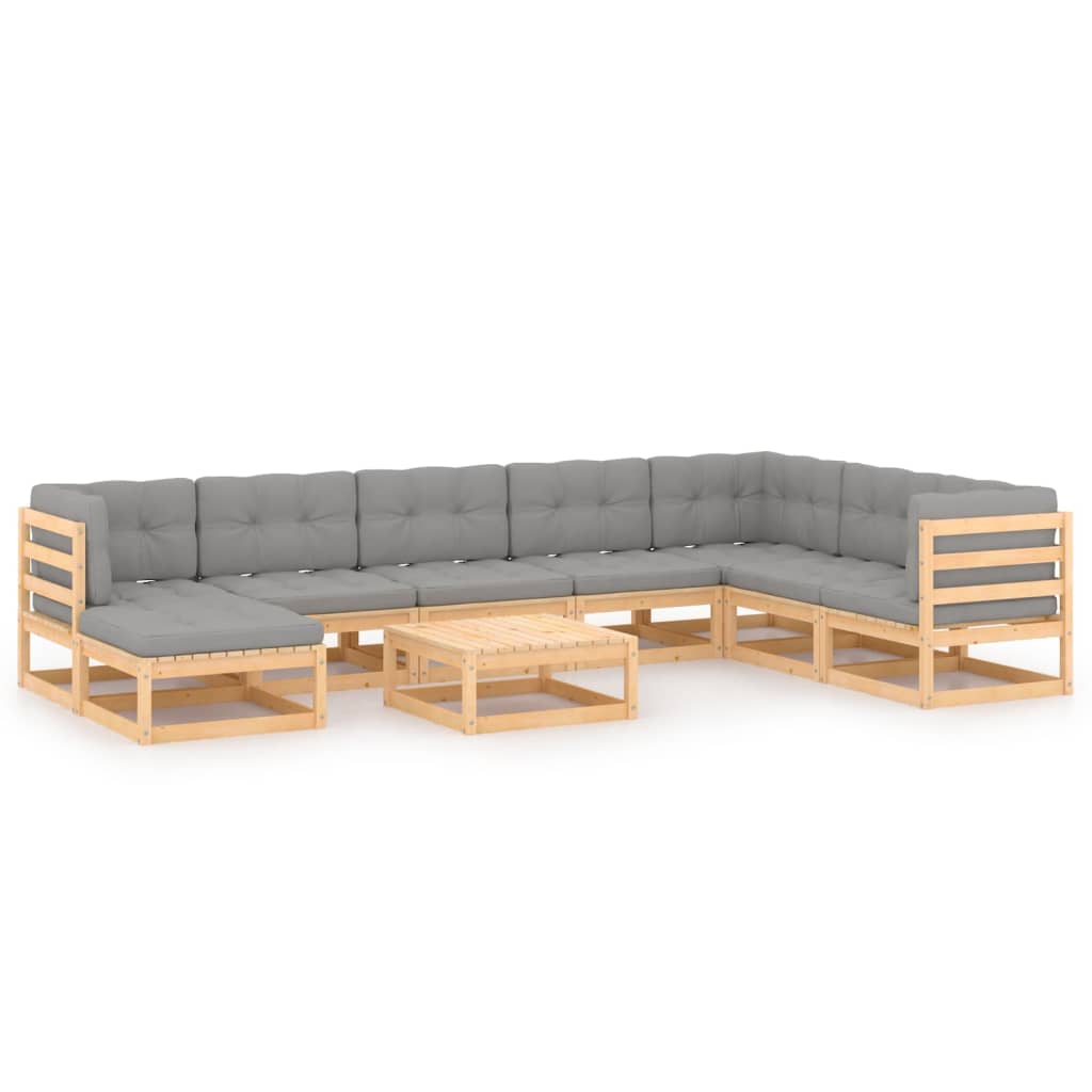 Set mobilier de terasa 9 piese canapea de colt cu perne si masuta, vidaXL, Lemn masiv de pin si Poliester, Maro cu perne gri