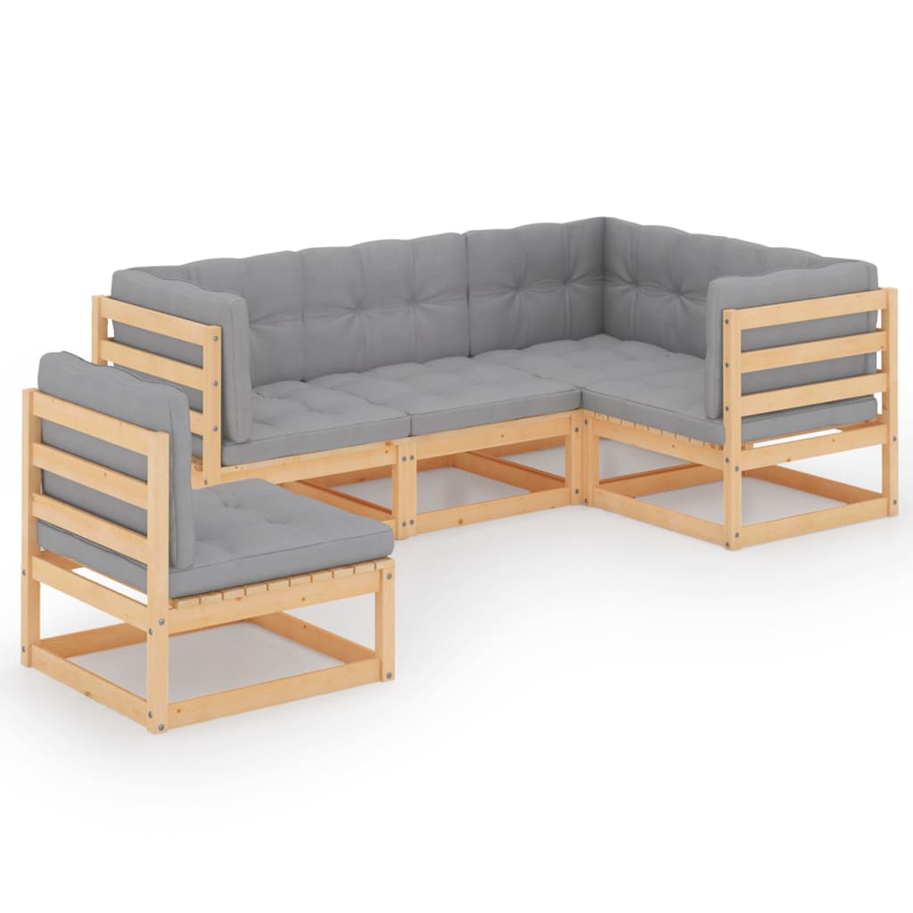 Set mobilier de terasa 5 piese canapea pe colt cu fotoliu, vidaXL, Lemn masiv de pin-Poliester, Maro si perne gri