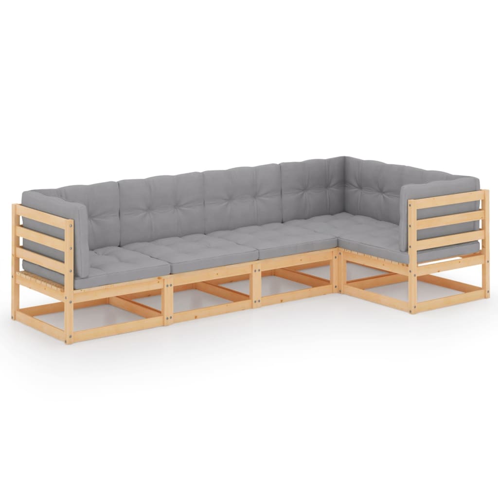 Set mobilier de terasa 5 piese canapea pe colt cu perne, vidaXL, Lemn masiv de pin-Poliester, Maro si perne gri